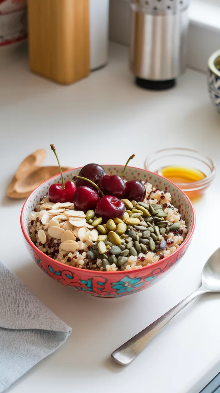 Cherry breakfast quinoa is a tasty and nutritious way to start your day. Just mix cooked quinoa with fresh cherries, nuts, and a drizzle of honey for sweetness. It’s colorful, filling, and packed with flavor!