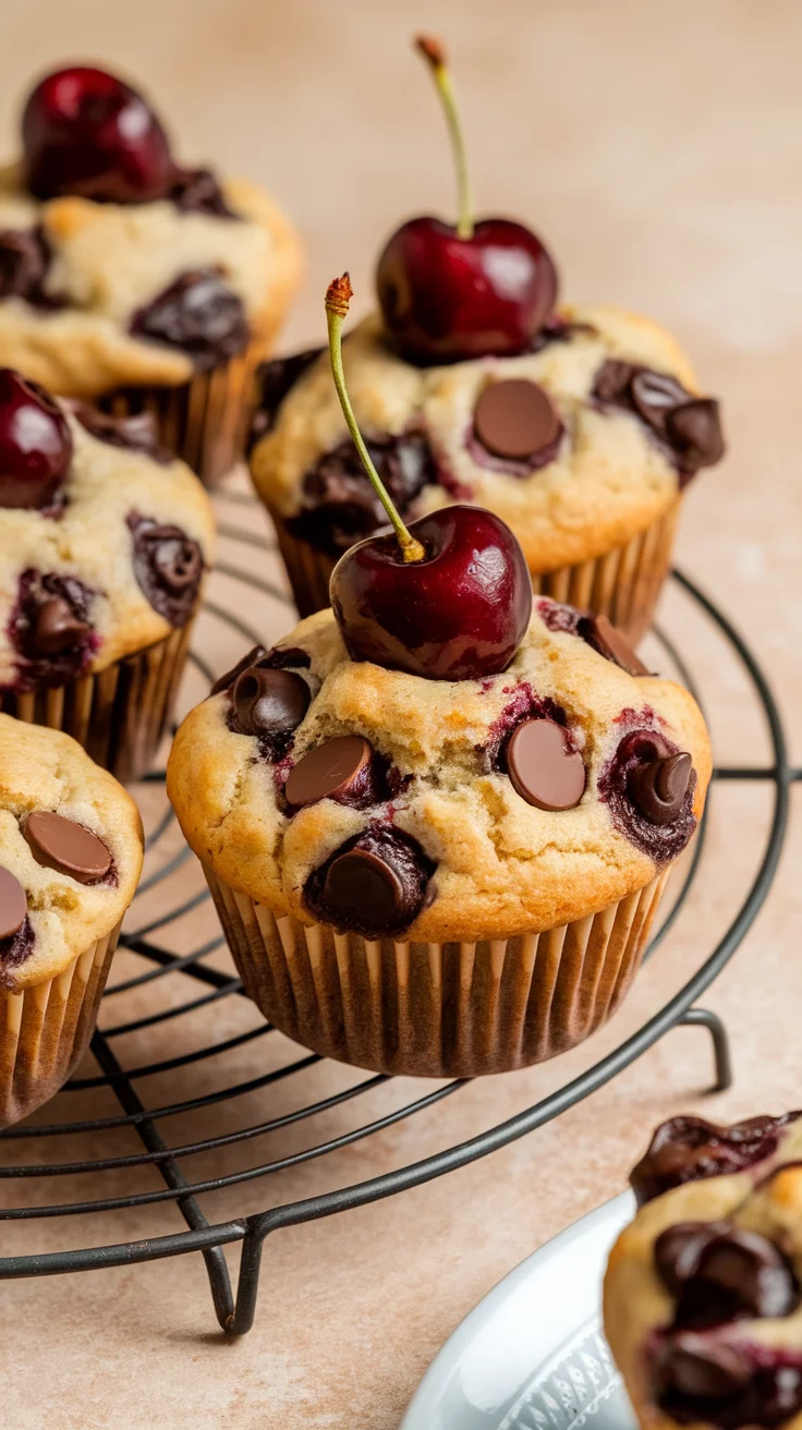 Freshly baked cherry chocolate chip muffins on a cooling rack