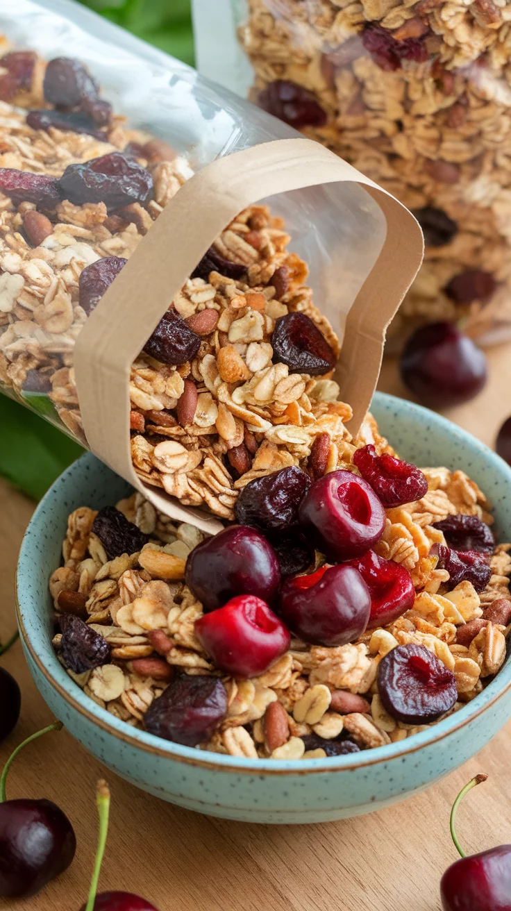 Cherry nut granola is a tasty and satisfying breakfast option. The mix of crunchy oats, nuts, and sweet cherries makes for a perfect start to your day. Pair it with yogurt or milk for a delightful morning treat!