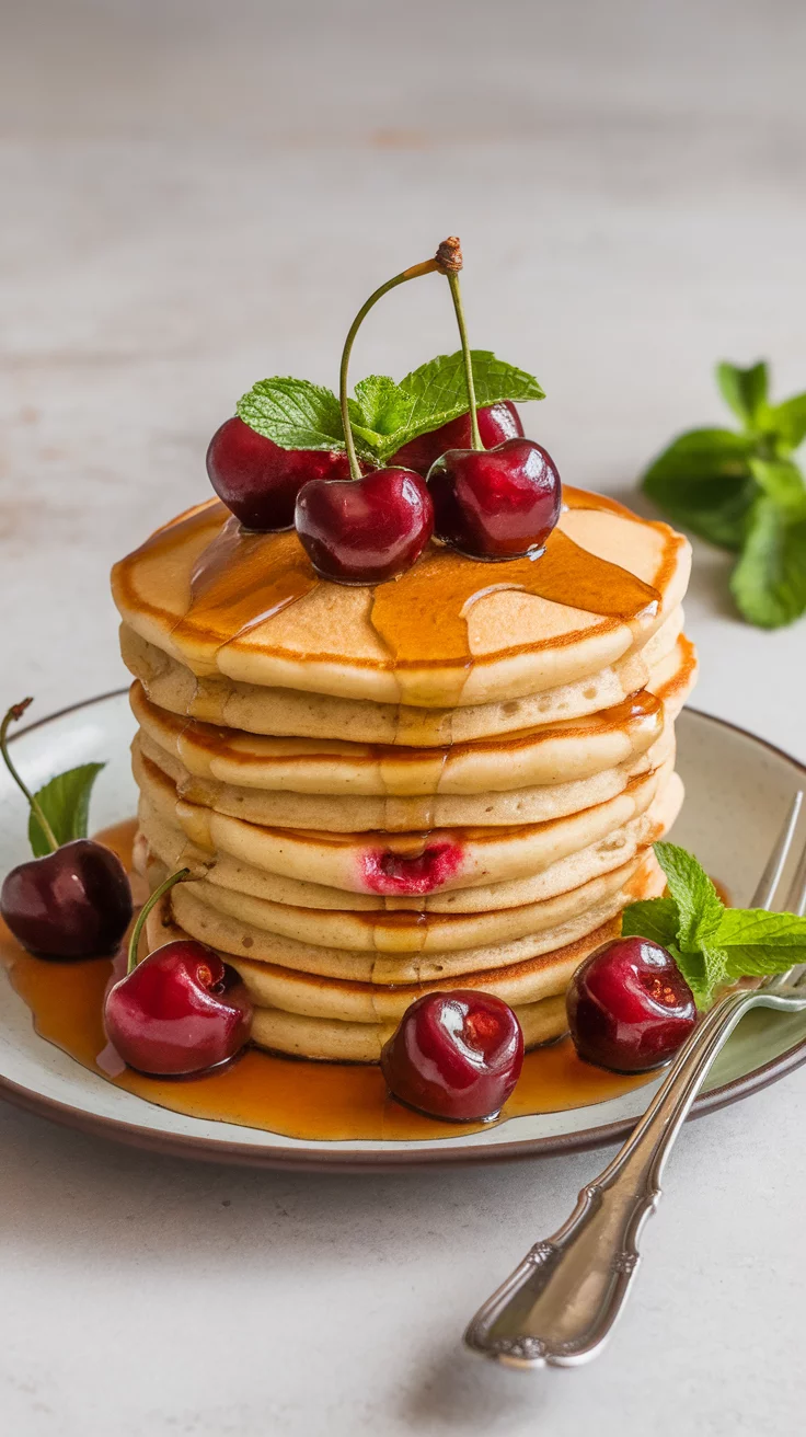 Cherry pancakes are a tasty way to start your day. Stack them high and drizzle with warm maple syrup for a sweet treat. Add fresh cherries on top for a burst of flavor and a pop of color!