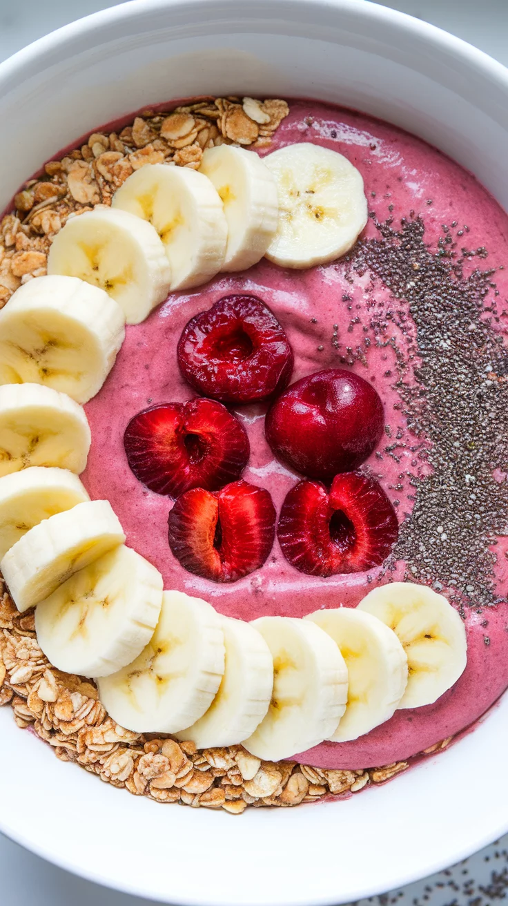 A cherry smoothie bowl is a fun and fruity way to start your day. Simply blend up fresh cherries with your favorite yogurt and top it with bananas, oats, and chia seeds for a tasty breakfast. It’s colorful, refreshing, and packed with nutrients!