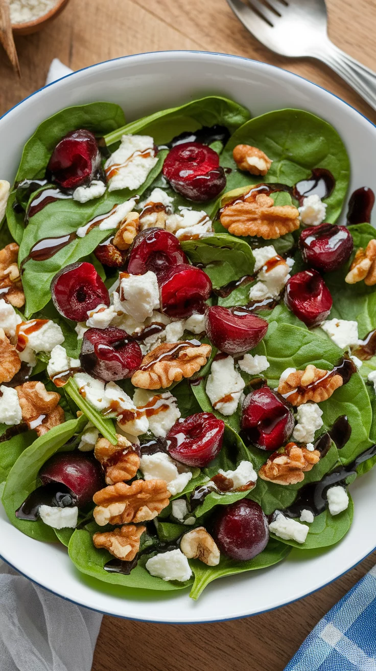 This Cherry Spinach Breakfast Salad is a tasty way to start your day. The combination of fresh spinach, sweet cherries, and crunchy walnuts creates a delightful mix of flavors and textures. Toss it all together with a drizzle of balsamic glaze for a bright and refreshing dish.