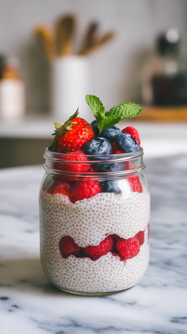 A jar of chia seed pudding topped with strawberries, blueberries, and raspberries.