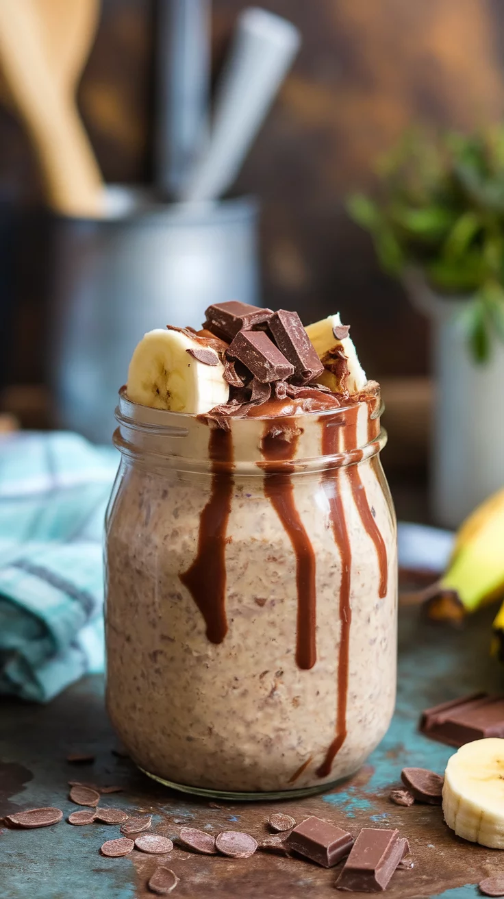 A jar of chocolate banana overnight oats topped with banana slices and chocolate pieces