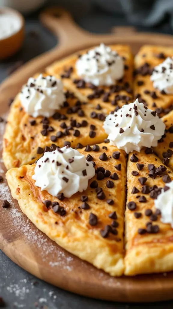 This chocolate chip pancake breakfast pizza is a sweet twist on your morning meal. Topped with whipped cream and mini chocolate chips, it’s fun and delicious. Perfect for a lazy weekend brunch or a special treat!