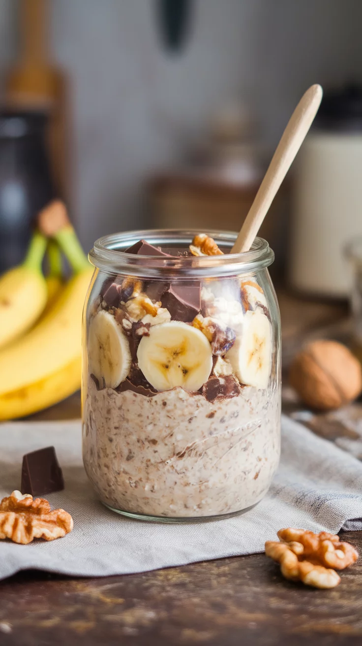 A jar of chunky monkey overnight oats topped with banana slices and chocolate