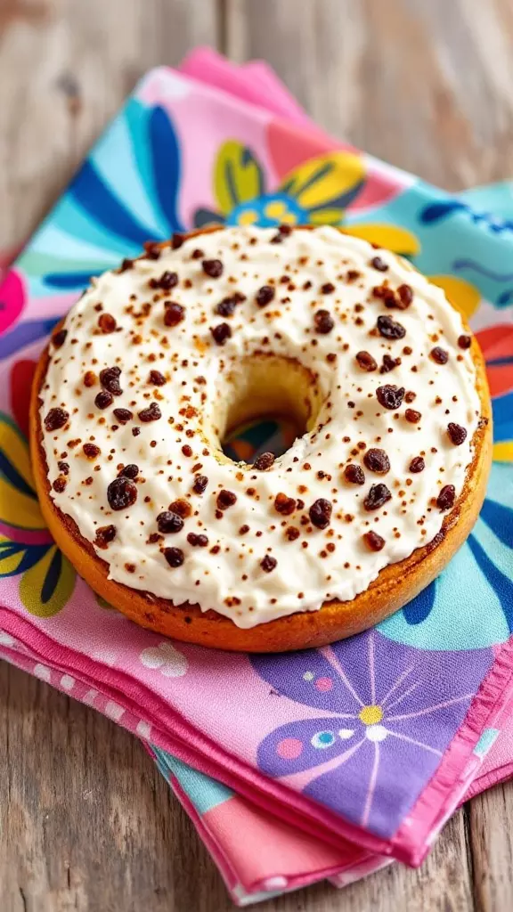 Cinnamon raisin bagel with cream cheese on a colorful napkin