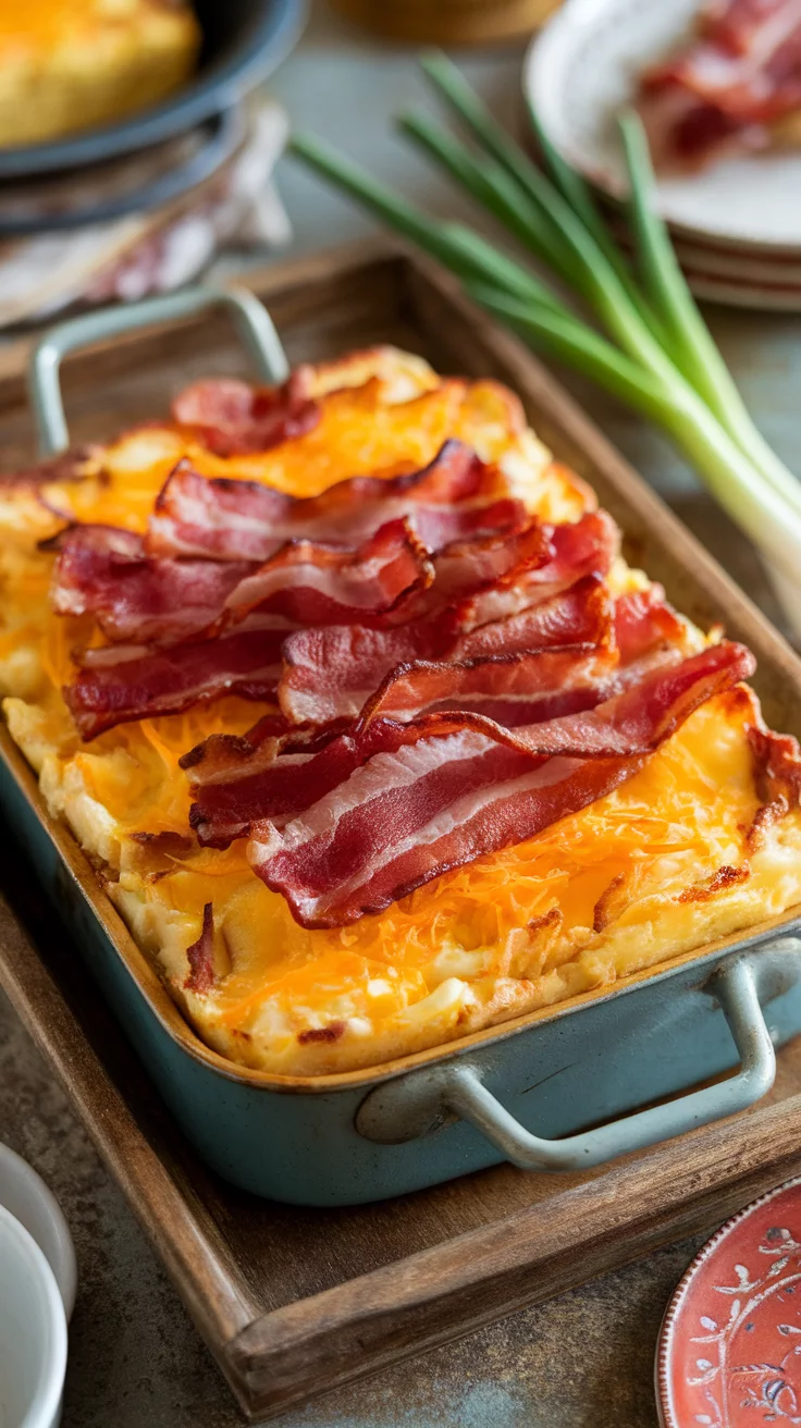 This classic bacon and cheese breakfast casserole is a morning favorite. It's packed with crispy bacon, gooey cheese, and fluffy eggs, creating a delicious start to your day. Perfect for brunch gatherings or a cozy family breakfast, this dish is sure to satisfy everyone.