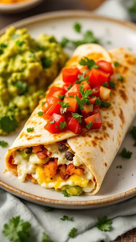 A classic breakfast burrito filled with eggs, veggies, and topped with diced tomatoes and cilantro, served with guacamole on the side.