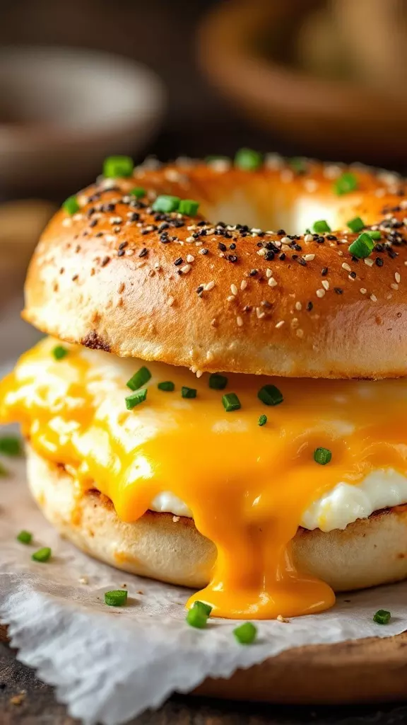 The classic egg and cheese on a bagel is a simple yet satisfying choice. A warm, toasted bagel cradles fluffy scrambled eggs and gooey cheese, creating a perfect bite. Toss in some chives for a little extra flavor and you've got a breakfast winner!