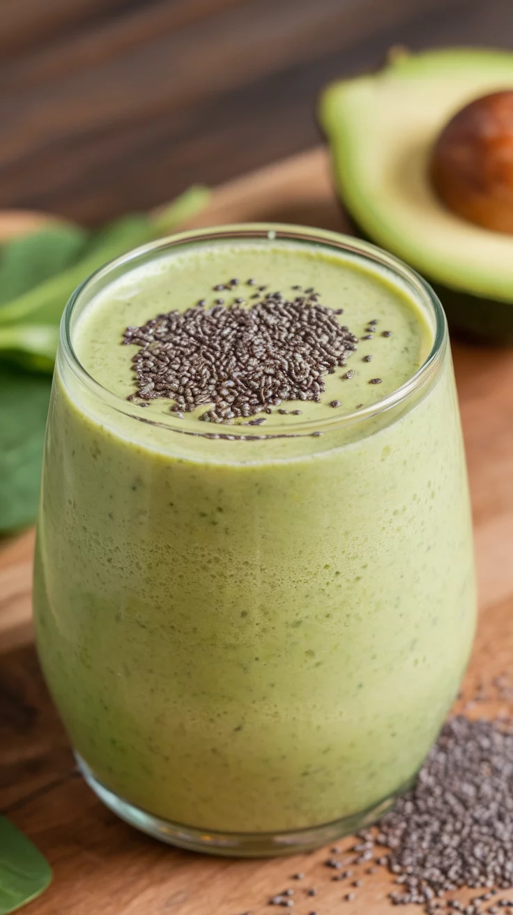 This creamy avocado spinach smoothie is a tasty way to start your day. It blends fresh spinach, ripe avocado, and your favorite milk for a rich and smooth texture. Top it off with some chia seeds for a little extra crunch and nutrition!