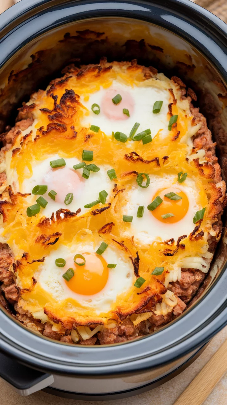 Crockpot breakfast casserole with eggs and cheese Slow Cooker Breakfast Recipes, Crockpot Breakfast Recipes, Slow Cooker Breakfast Ideas, Comforting Slow Cooker Breakfast Recipes