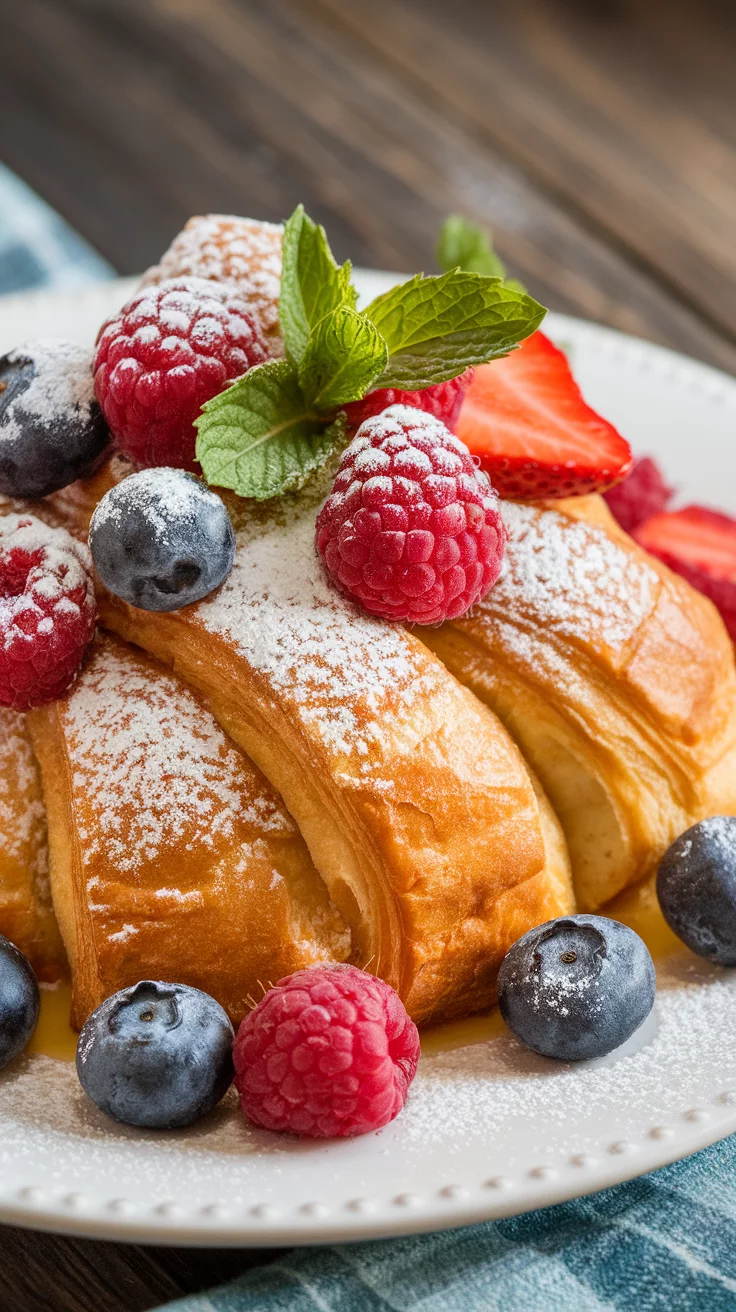 A delicious Croissant French Toast Bake topped with raspberries, blueberries, and powdered sugar.