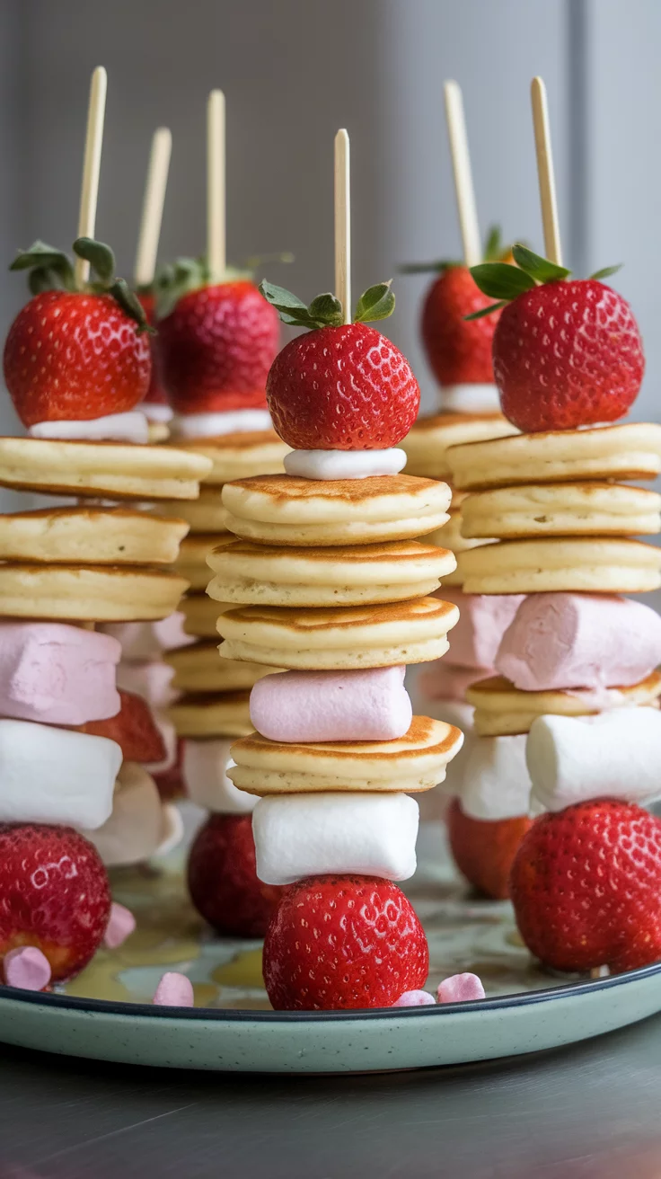 Cupid’s Pancake Kabobs are a fun and sweet treat perfect for any gathering. Stacked fluffy pancakes with fresh strawberries make for a delightful combo that everyone will love. 