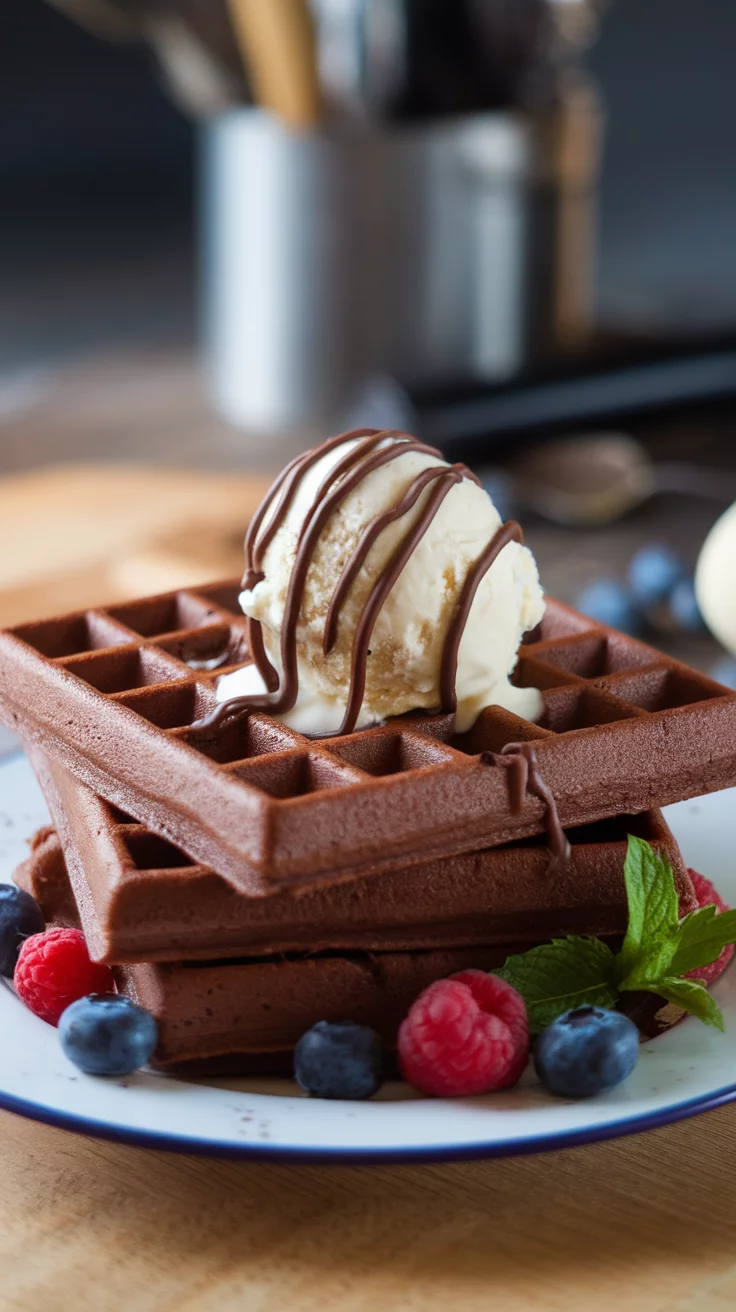 A plate of double chocolate waffles topped with ice cream and blueberries.