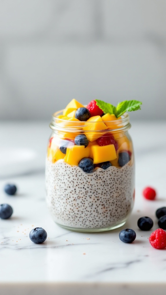 A glass jar filled with chia seed pudding topped with mango, blueberries, and raspberries.