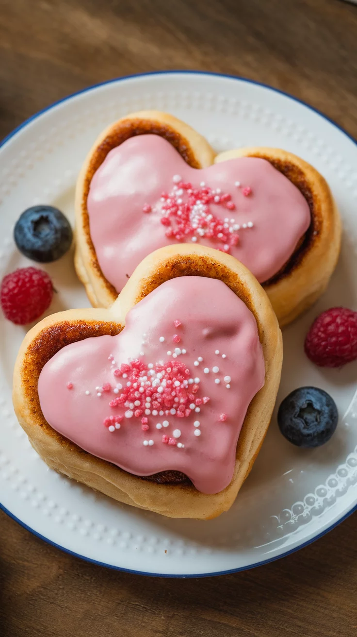 Two heart-shaped cinnamon rolls topped with pink icing and sprinkles, with blueberries and raspberries on the side.