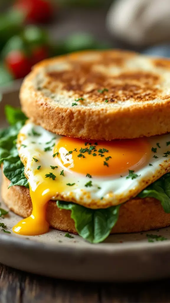 Egg and spinach breakfast sandwich with a runny egg yolk