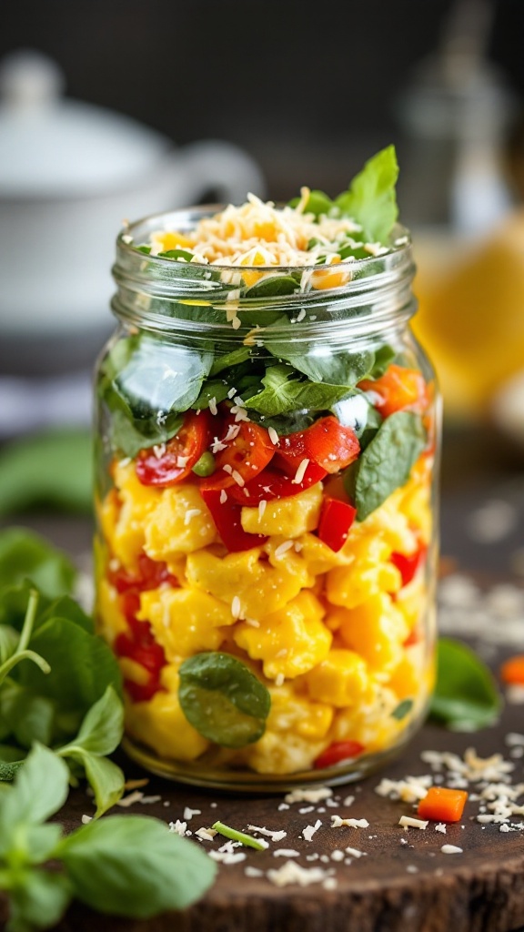 This egg and veggie breakfast jar is a simple, tasty way to start your day. Packed with colorful peppers, fresh spinach, and fluffy eggs, it's both healthy and satisfying. Just grab a jar, and you're ready to enjoy a delicious meal on the go!