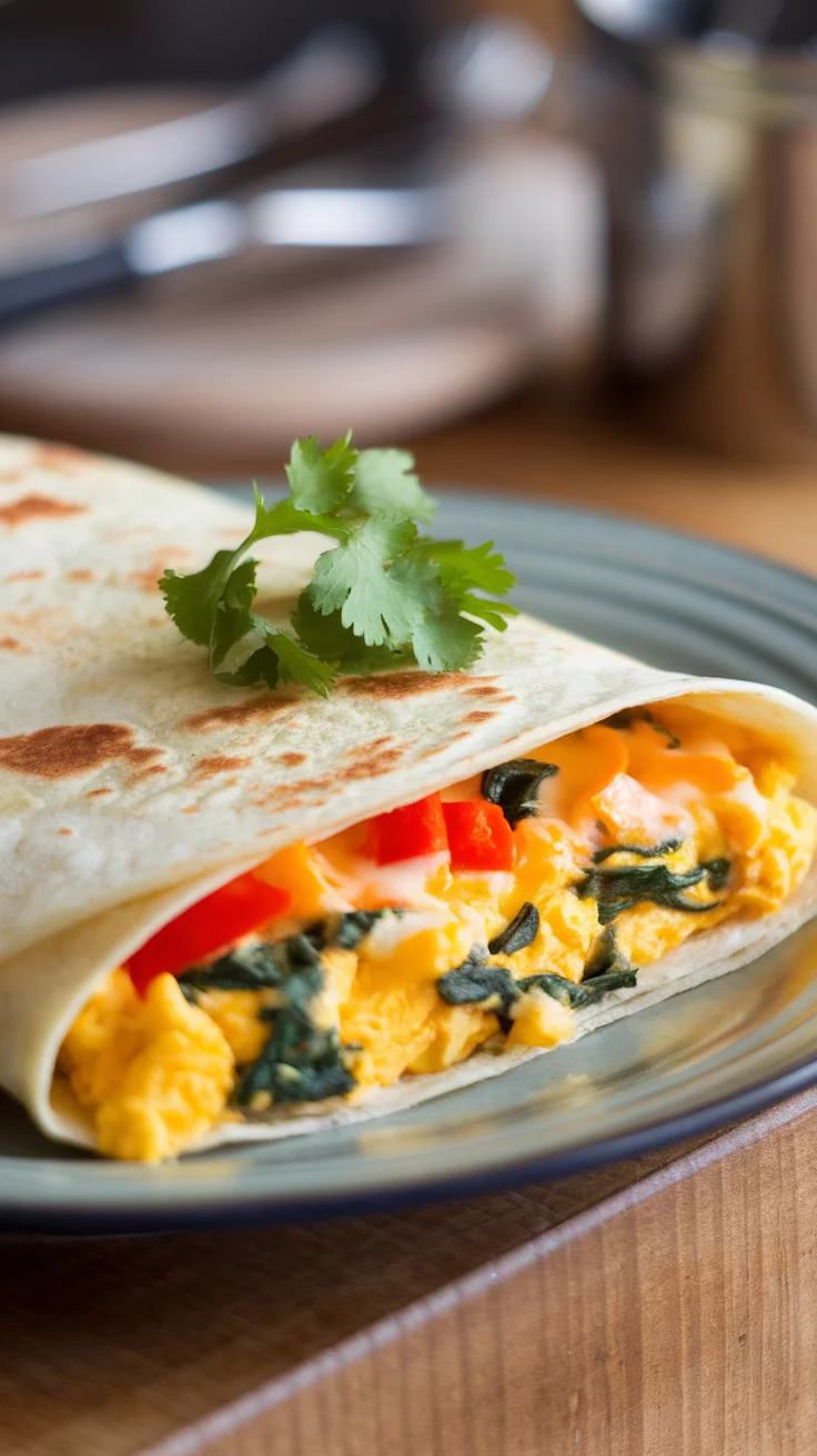 A close-up of a delicious egg and veggie wrap garnished with cilantro.