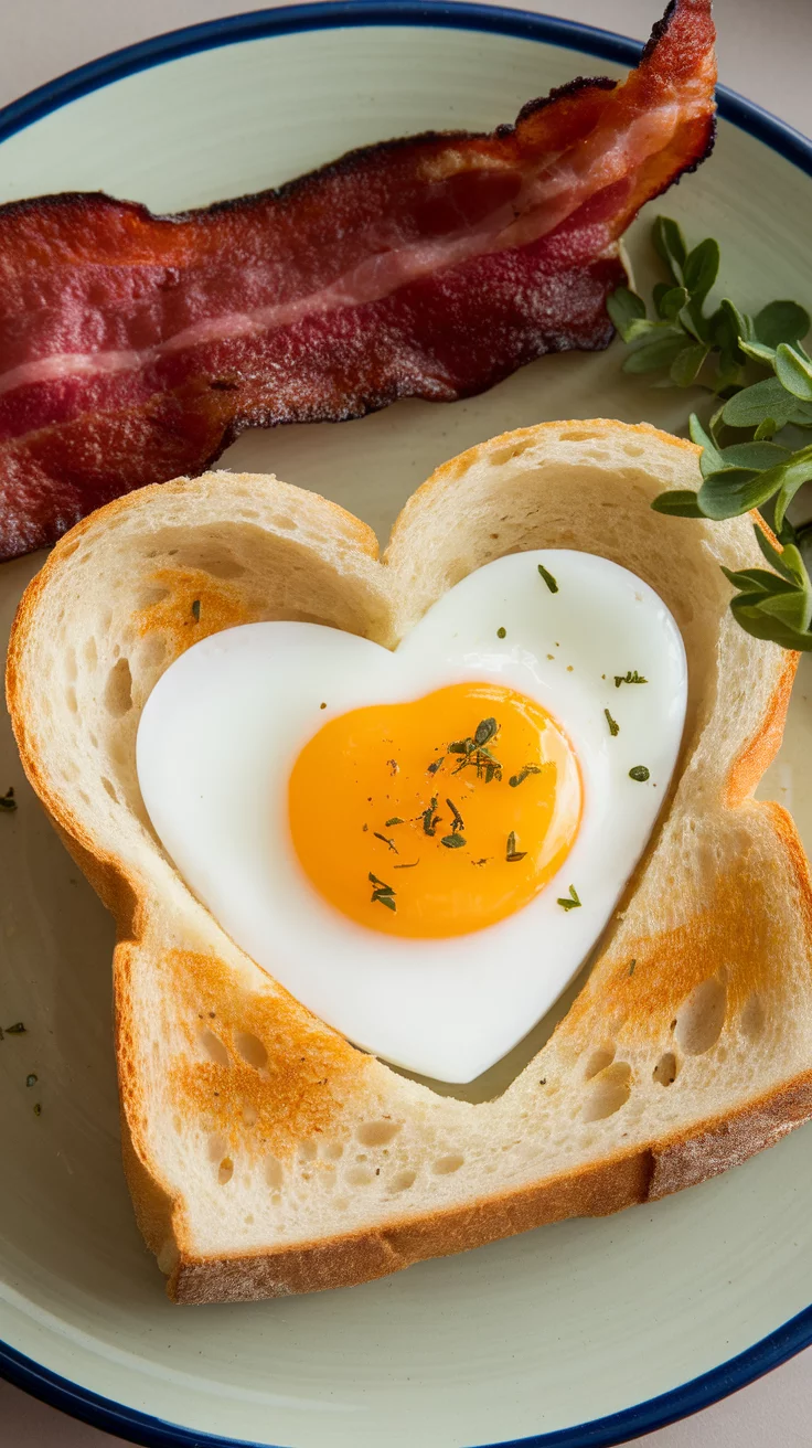 A heart-shaped egg in toast with crispy bacon on the side.