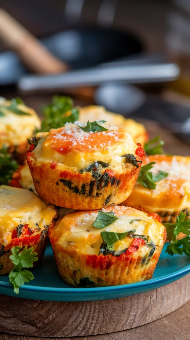 A plate of colorful egg muffins topped with parsley