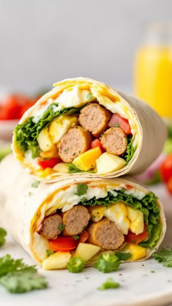 A close-up view of a sliced egg white and turkey sausage burrito filled with lettuce, tomatoes, and fruit.