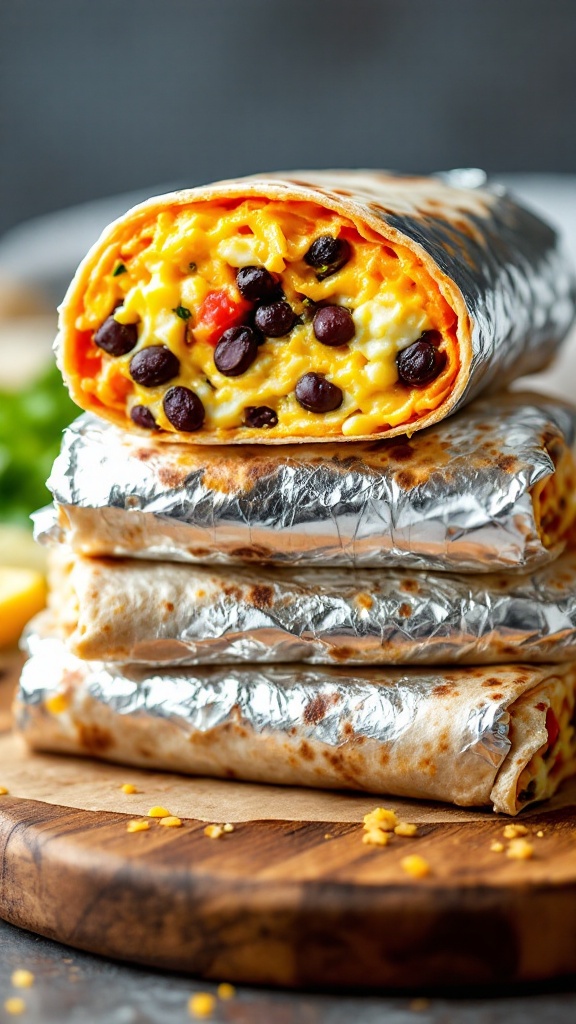 A close-up view of a breakfast burrito, cut open to show filling, stacked on a wooden board.