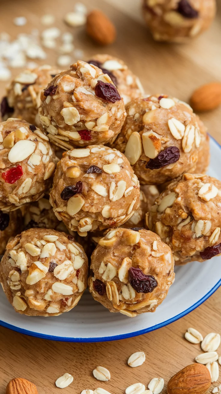 A plate of fruit and nut energy balls with oats and almonds.