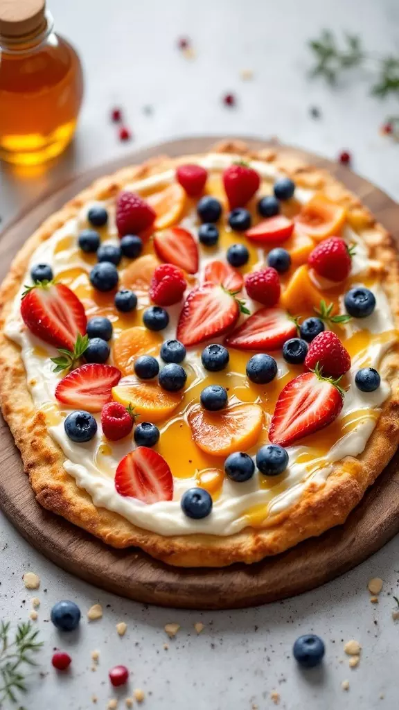 This breakfast pizza is a fun twist on your morning routine. It features a crispy crust topped with creamy Greek yogurt and fresh fruits like strawberries, blueberries, and peaches. Drizzle some honey on top for a sweet finish!