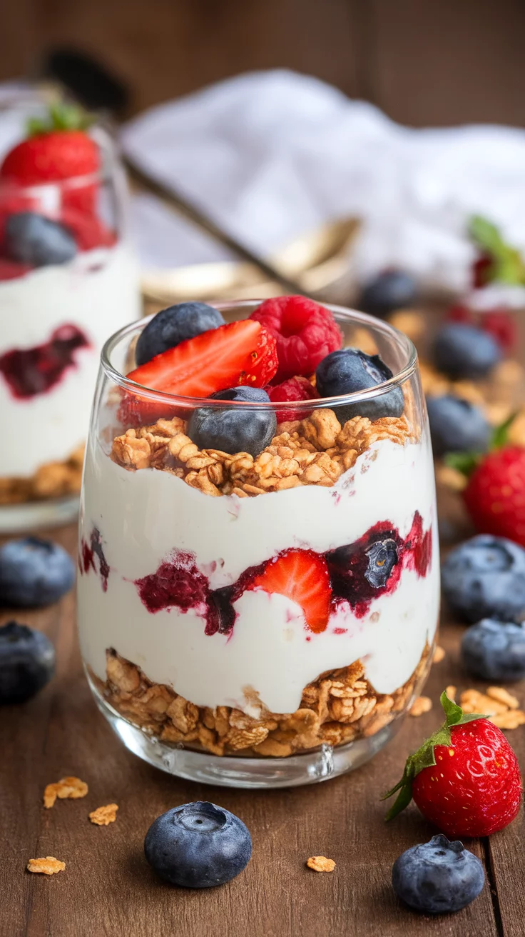 A delicious Greek yogurt parfait layered with yogurt, strawberries, blueberries, raspberries, and granola in a clear glass.