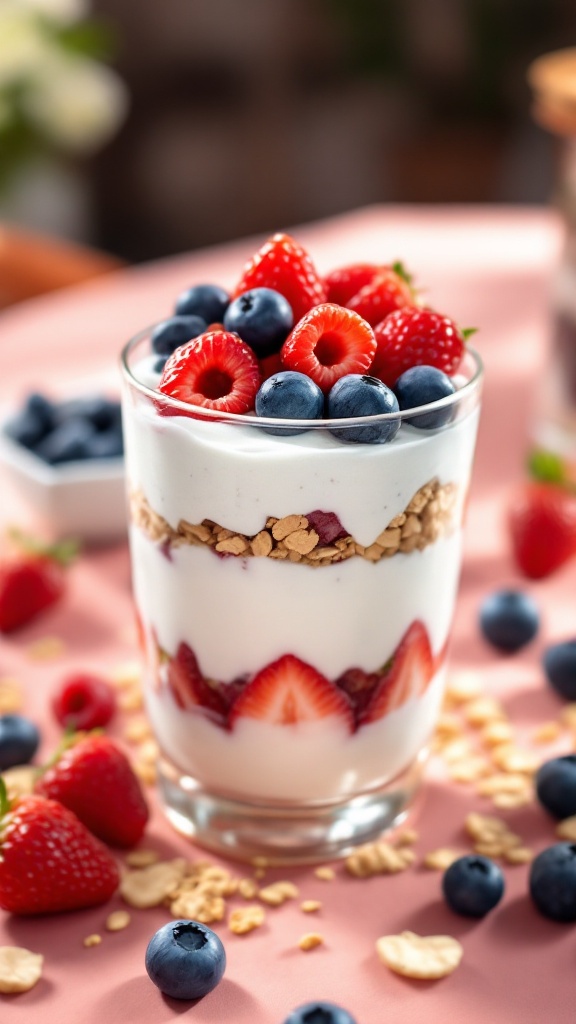 This Greek yogurt parfait is a tasty treat that’s easy to make. Layer creamy yogurt with fresh berries and crunchy granola for a satisfying snack or breakfast. It’s colorful, healthy, and oh-so-delicious!