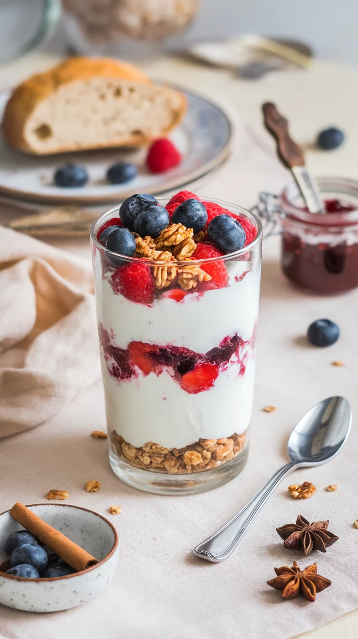 Greek yogurt parfaits are a delicious and healthy way to start your day. With layers of creamy yogurt, fresh berries, and crunchy granola, this breakfast option is not only tasty but also packed with nutrients. It's quick to assemble, making it perfect for busy mornings when you still want something satisfying.