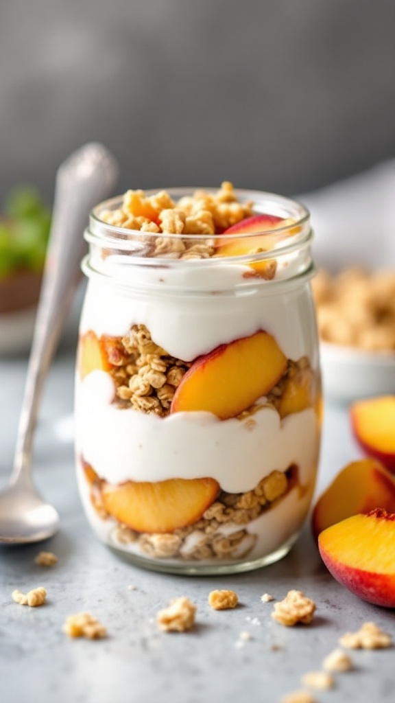 This Greek yogurt parfait is a tasty and healthy treat. Layers of creamy yogurt, crunchy granola, and sweet peaches come together for a perfect snack or breakfast. It's simple to make and packed with flavor, making it a delightful way to start your day!