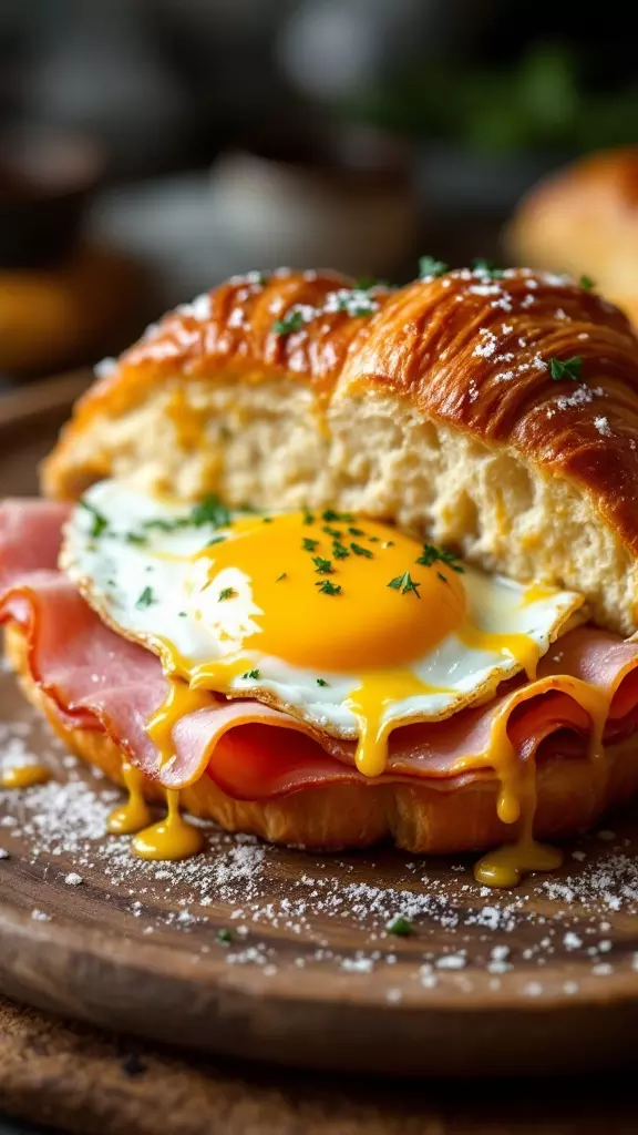 This ham, egg, and Swiss croissant is a delightful way to start your day. The flaky croissant is filled with savory ham and perfectly cooked egg, creating a wonderful mix of flavors. It's a breakfast treat that's sure to make you smile!