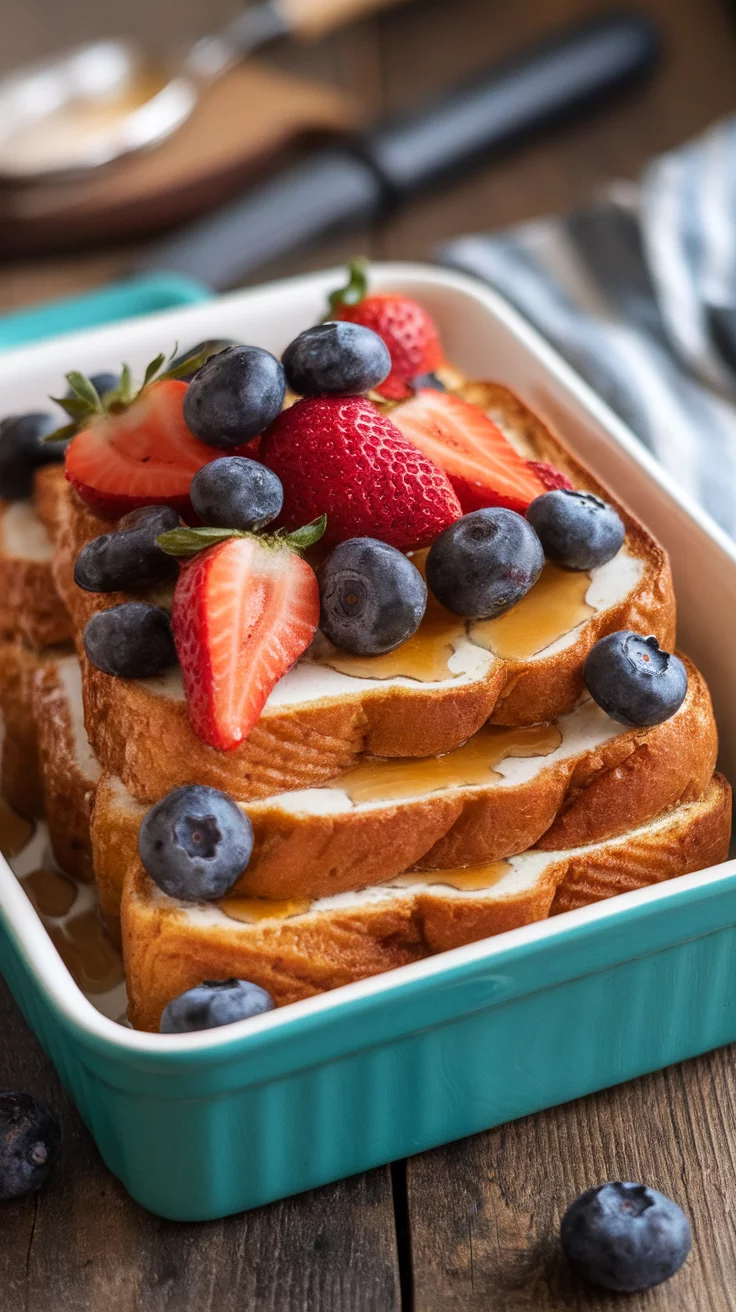 Delicious French Toast Casserole topped with strawberries and blueberries.