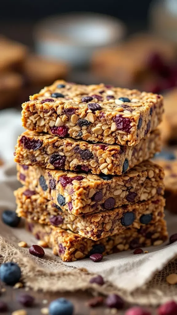 A stack of homemade granola bars with nuts and dried fruits.