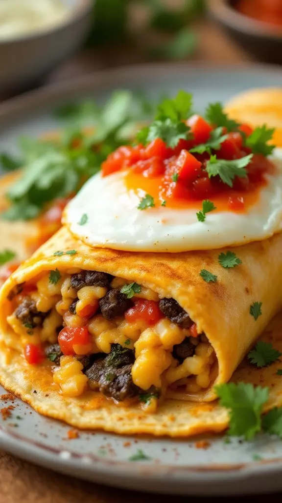 A delicious huevos rancheros burrito with toppings, sitting on a plate.