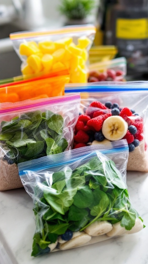 Assorted smoothie packs with fruits and spinach in ziplock bags