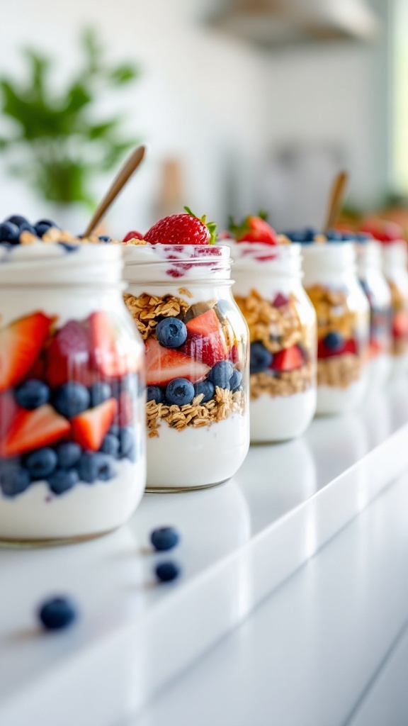 Colorful yogurt parfaits with layers of yogurt, granola, and fresh berries in glass jars.