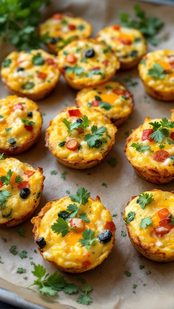 A tray of colorful breakfast muffins topped with herbs and vegetables.