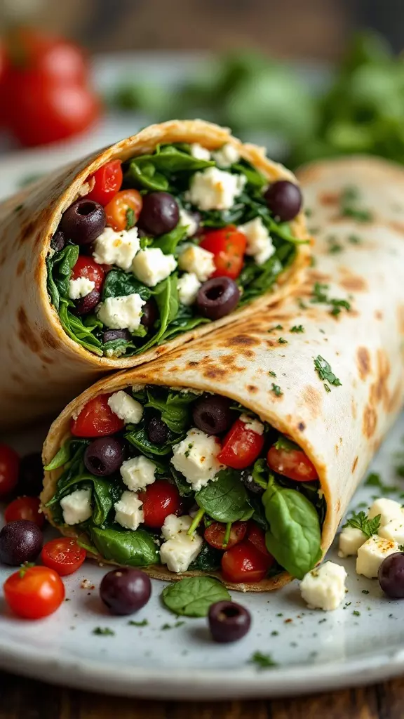 A close-up of a Mediterranean feta and spinach burrito filled with spinach, tomatoes, and olives.