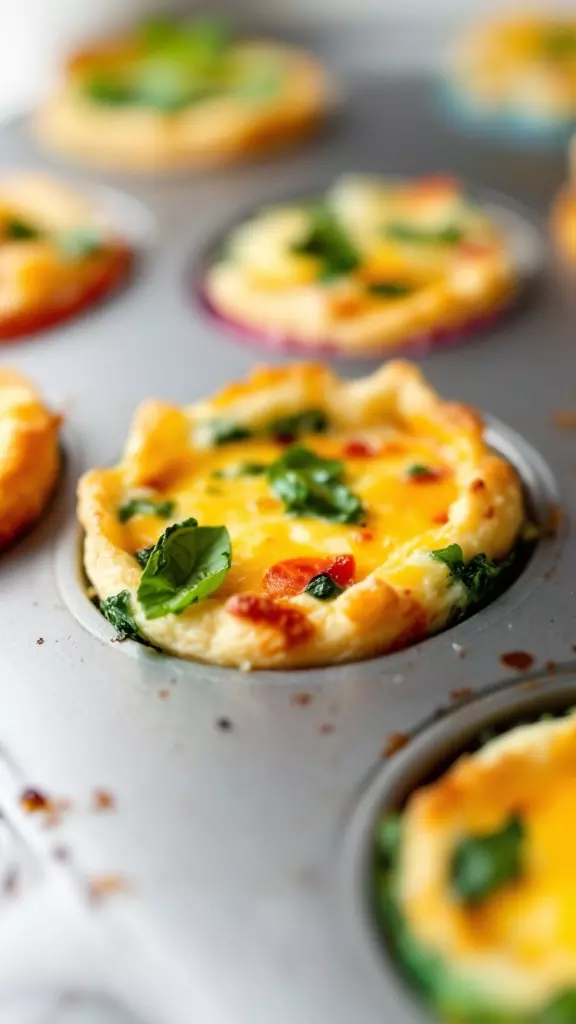 A close-up of mini quiches baked in a muffin tin, featuring a golden crust and toppings of spinach and cheese.