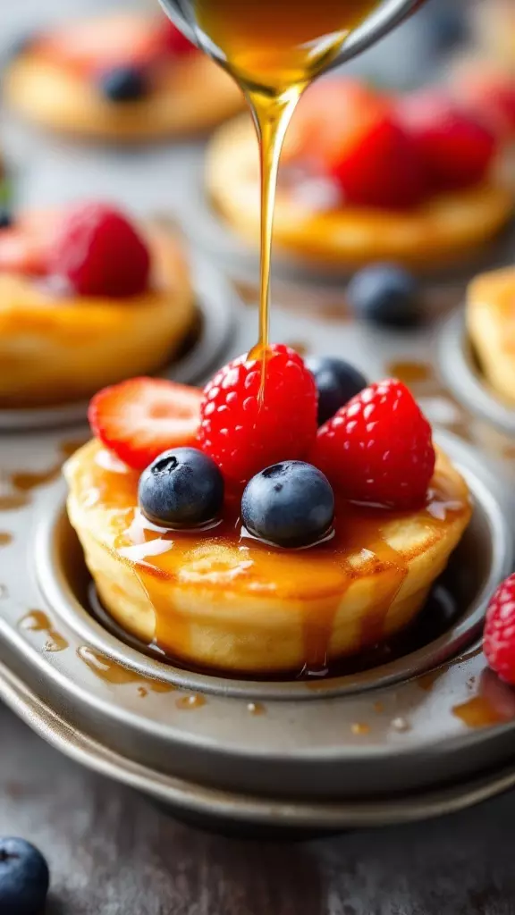 Muffin tin pancake bites topped with berries and syrup