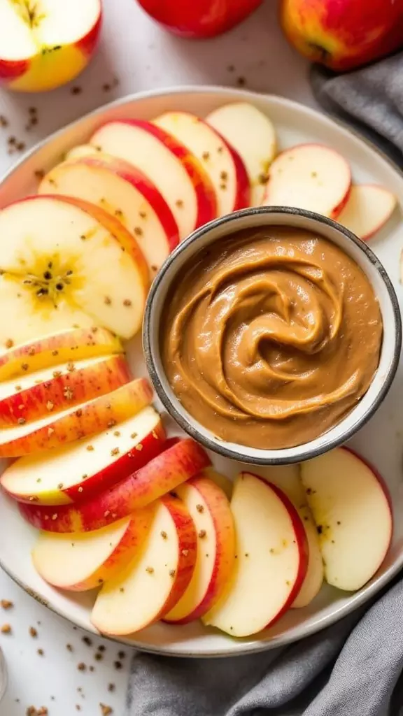 A plate with sliced apples and a bowl of nut butter.