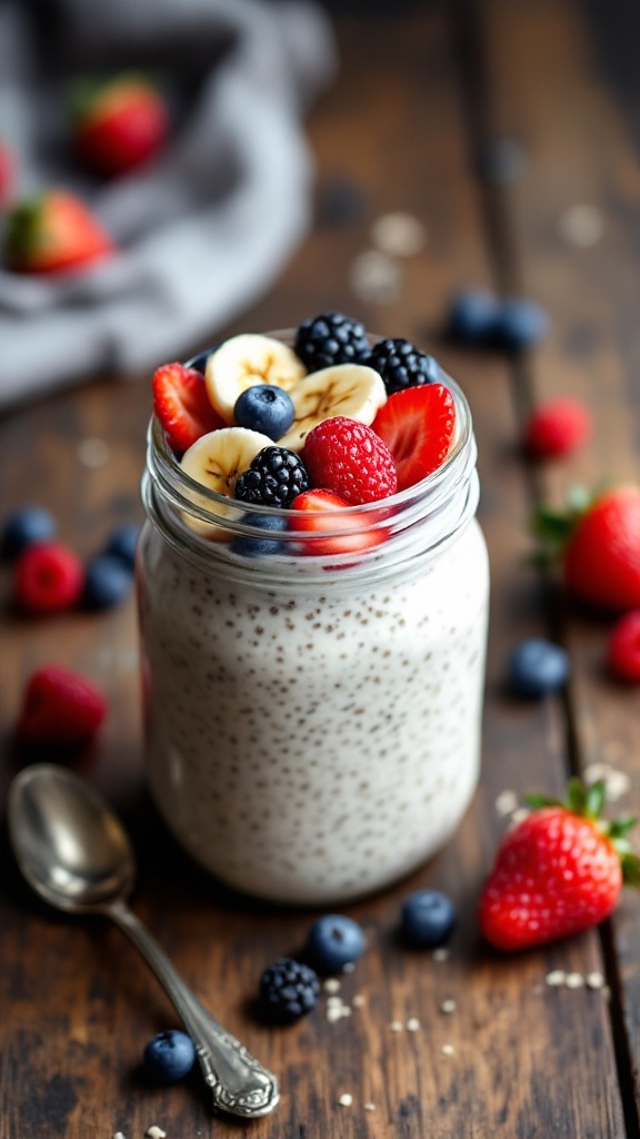 A jar of overnight oats topped with fresh strawberries, blueberries, bananas, and blackberries.