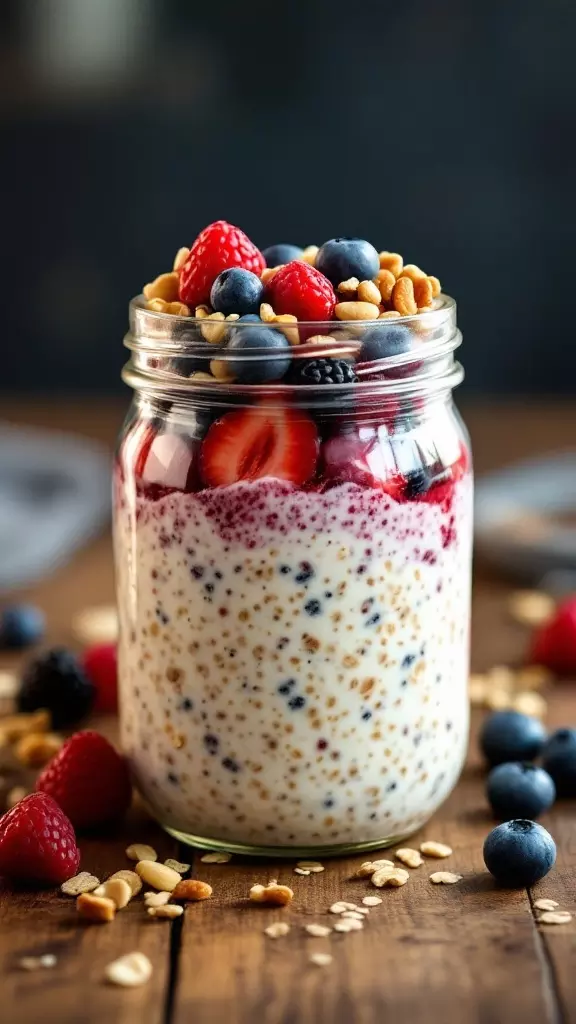 A jar of overnight oats layered with berries and nuts on a wooden table.