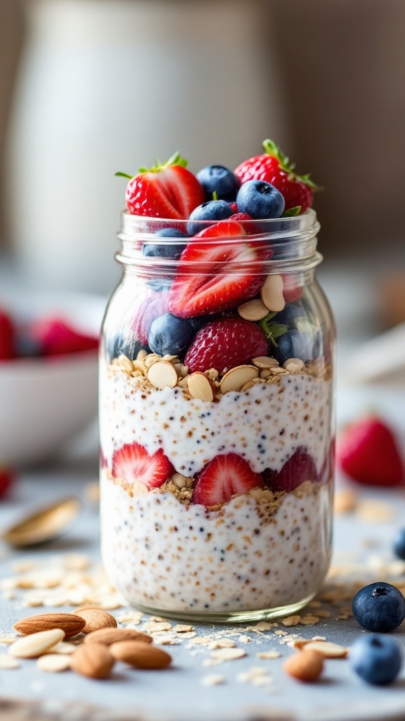 Overnight oats are a simple and tasty breakfast option. Layering oats with fresh berries and almonds adds flavor and crunch. It's a quick meal that keeps you full and satisfied!