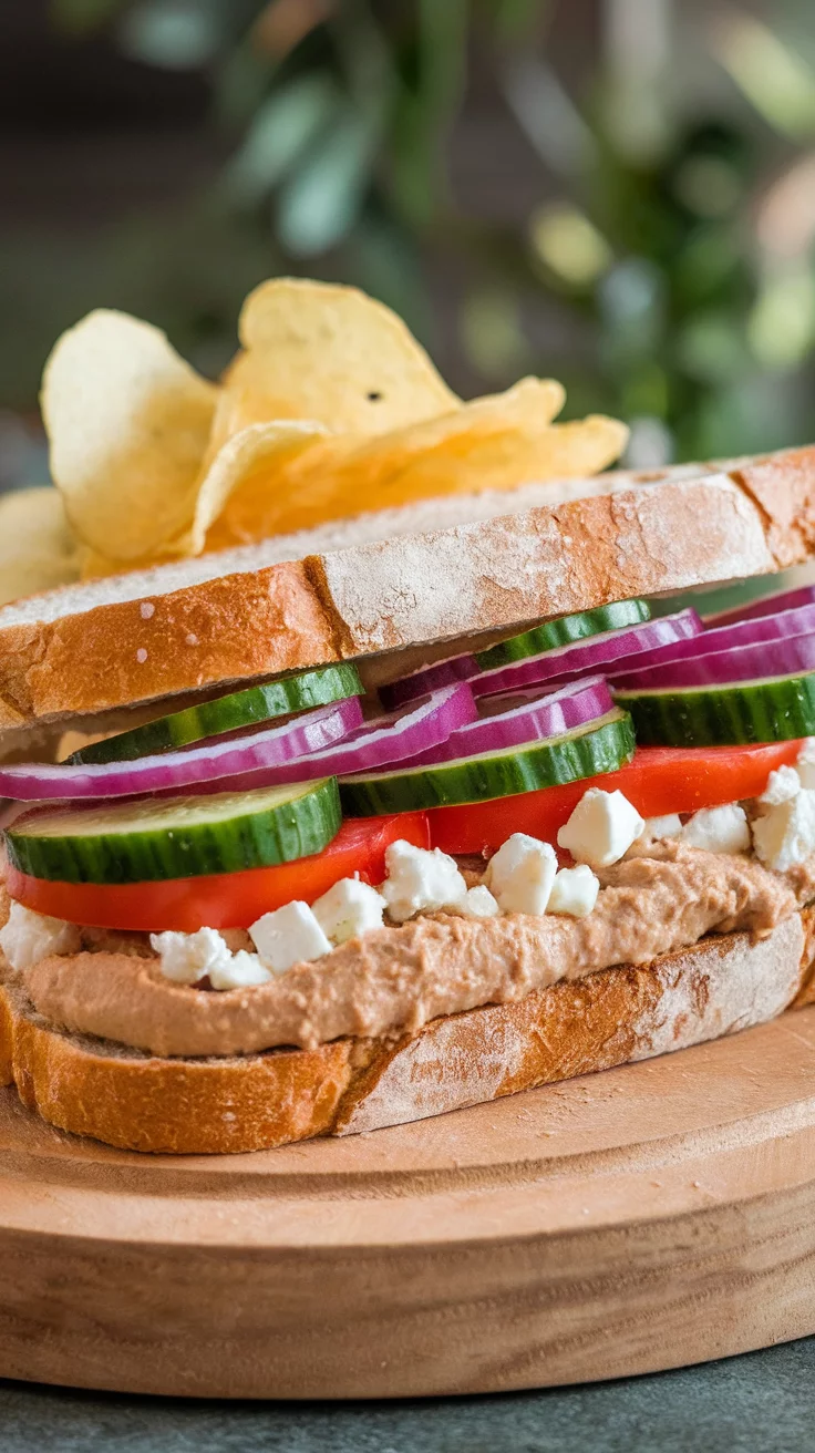 Close-up of a Mediterranean veggie sandwich with cucumbers, tomatoes, onion, feta, and a side of chips.