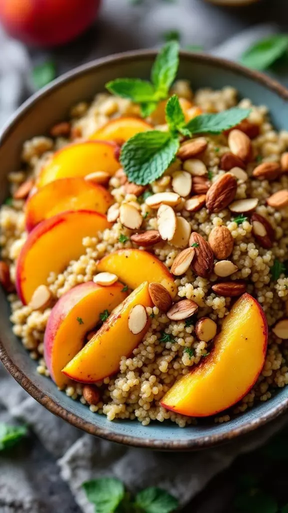 A bowl of peach and almond overnight quinoa topped with fresh peach slices and almonds.